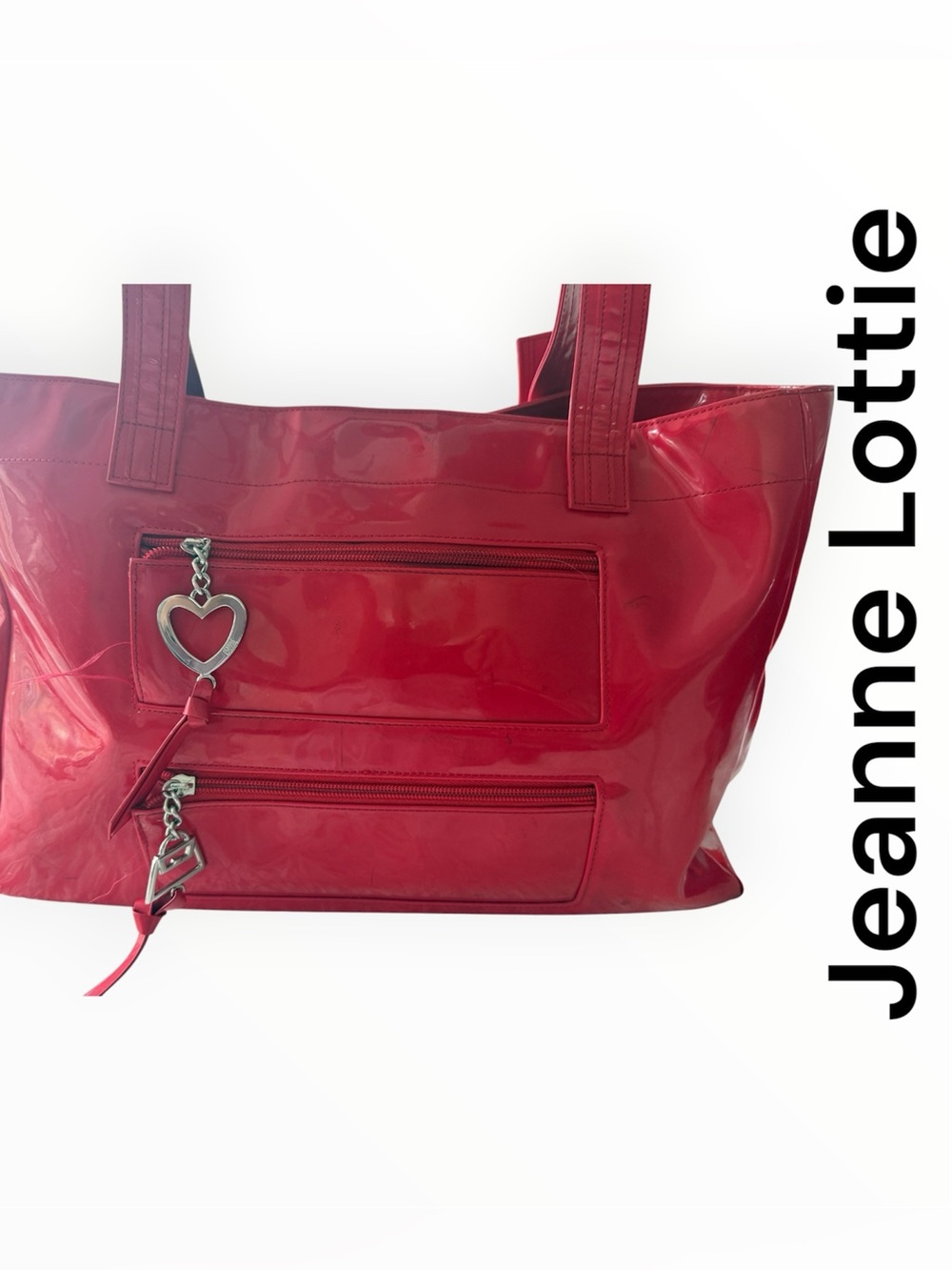 Jeannie Lottie Red Patent look Tote Bag with Heart and logo charm zipper pulls